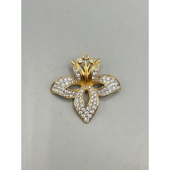 Swarovski Swan Signed Orchid Brooch Gold Tone & Clear Crystals Flower Pin - Picture 2 of 7